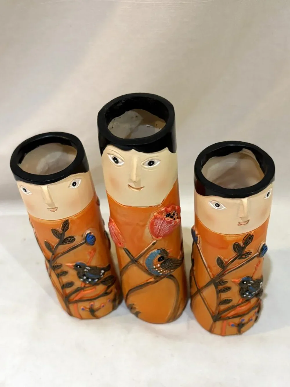Set of 3 Spring Family Orange Bud Vases Resin Flowers & Birds Boho Style